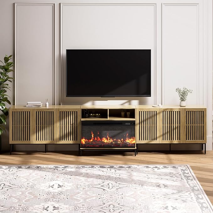 3-Sided Glass Farmhouse Fireplace TV Stand for TVs Up to 110 Inch, Oak Entertainment Center with 36" Electric Fireplace, TV Console with Storage Cabinets for Living Room