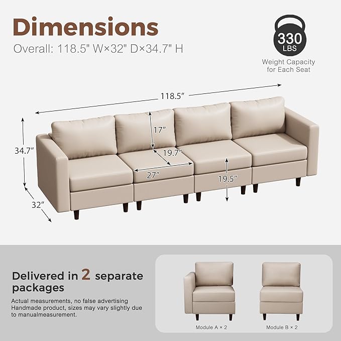 118.5" Faux Leather Modular Sectional Sofa with Storage Seat, Oversized 4 Seater Couch Deep Seat with Removable Cover Whitesand