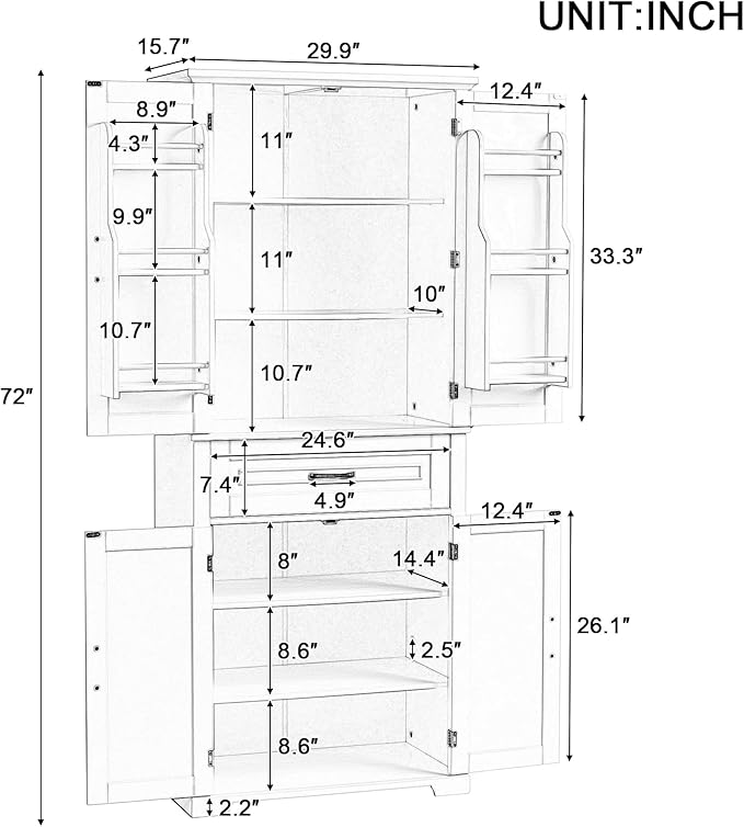 72.2" Tall Storage Cabinet with 4 Doors and Drawer, Freestanding Linen Cabinet, Wooden Pantry with Adjustable Shelf for Kitchen, Bathroom, Living Room White