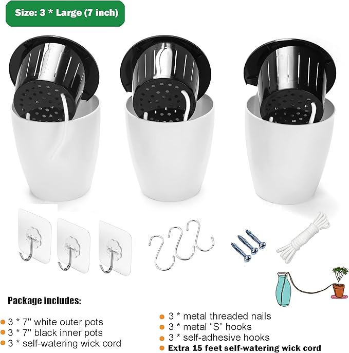 3 Pack Self Watering Wall Hanging Planter Pots Vertical Garden Window Hang Mount Indoor Outdoor Plant Flower Basket for Kitchen Herbs Balcony Railing Shelf Fence Bedroom Trellis Decor Modern White Box