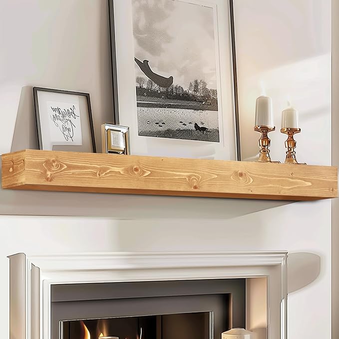 72x8x5 Fireplace Mantel - Handcrafted Rustic Solid Wood Wall Mounted Floating Shelf with Invisible Heavy Duty Wood Bracket (Natural)