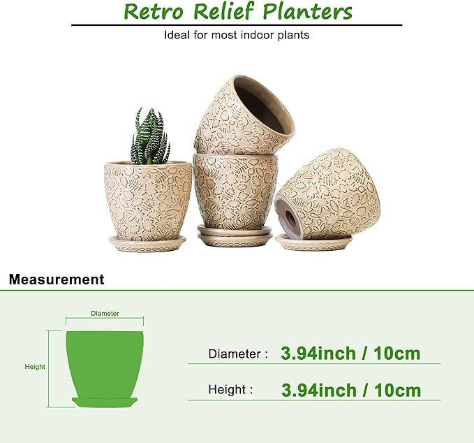 4 Inch Mini Plant Pots, Ceramic Succulent Planter with Drainage Hole and Saucers for Indoor Plants, Small Garden Pots for Succulent, Herb and Flower, Set of 4