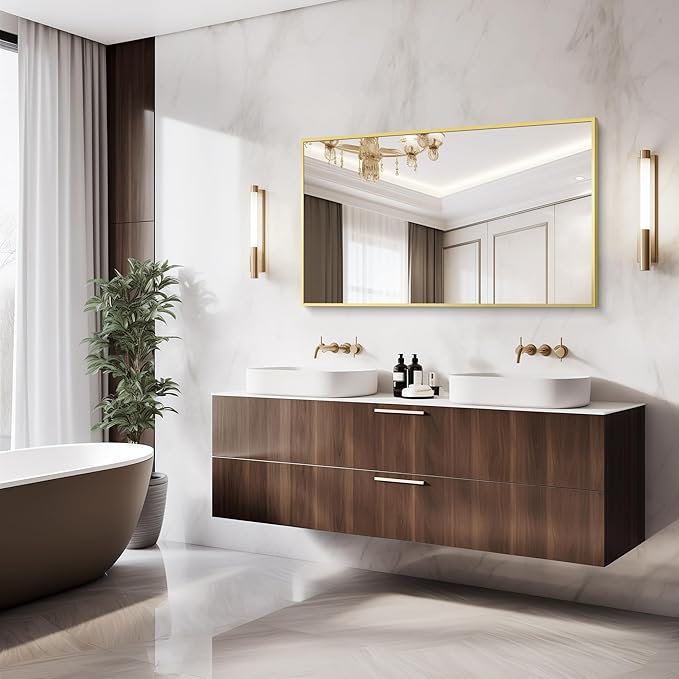 36x55inch Bathroom Mirror, Gold Rectangle Mirror with Thin Metal Frame, Large Rectangular Wall Mirror for Bathroom, Living Room, Hair Salon, Big Farmhouse Mirror Hang Horizontal/Vertical