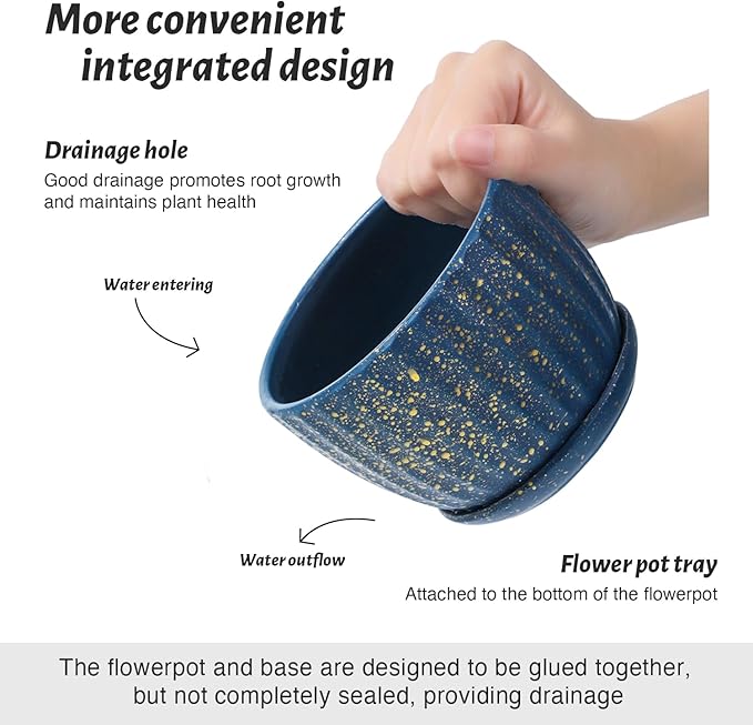 Ceramic Plant Pots with Drainage Holes and Saucers, Round Blue Flower Pots for Indoor Plant, Diameter 3.3/4.3/5.5 Inches Small Mini Flower Planters Set of 3