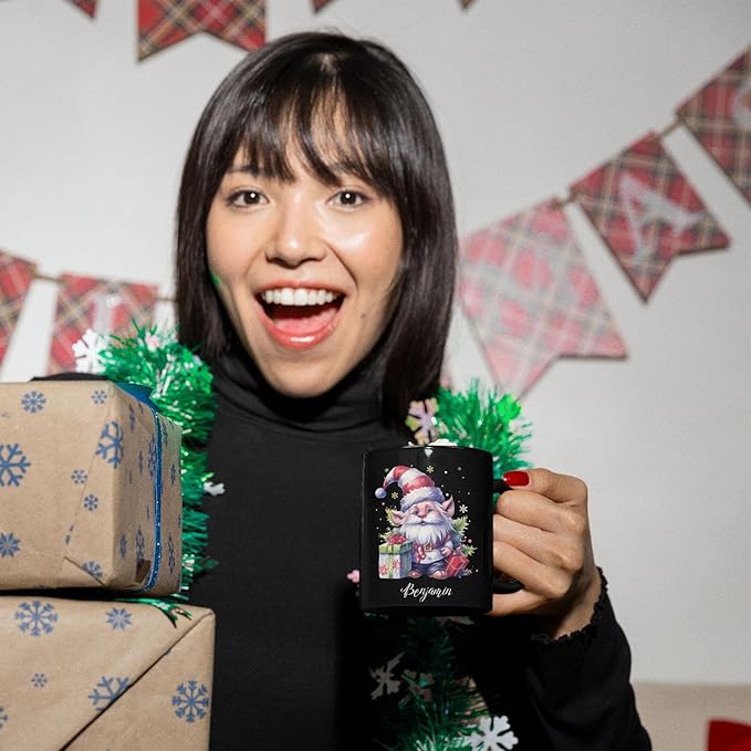 Cute Gnome And Gifts Design Mug, Customized Christmas Gnome Black Cup 11oz 15oz, Gnome Lover Coffee Mug With Custom Name, Gift For Children, Personalized Xmas Gnome Ceramic Cup