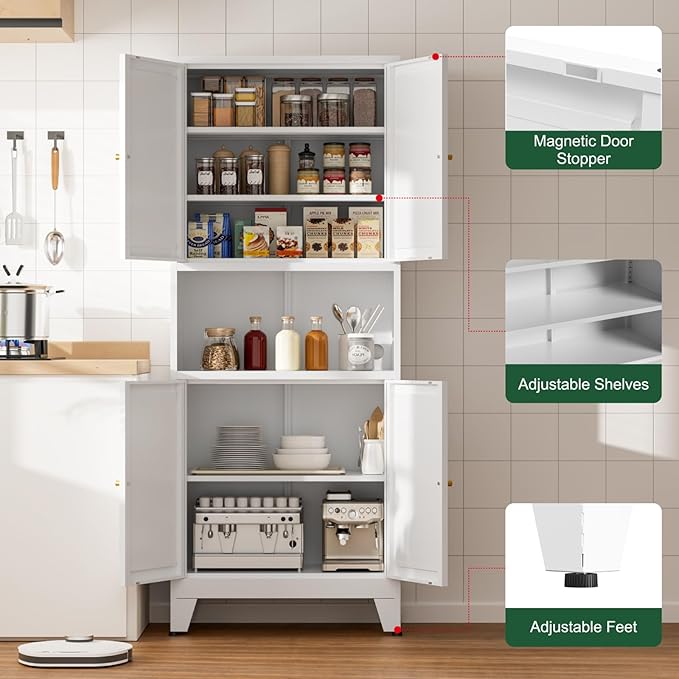 69" Tall Kitchen Pantry Cabinet, Metal Storage Cabinet with 4 Doors and Adjustbale Shelves, Freestanding Cupboards for Dining Room, Living Room, Bathroom