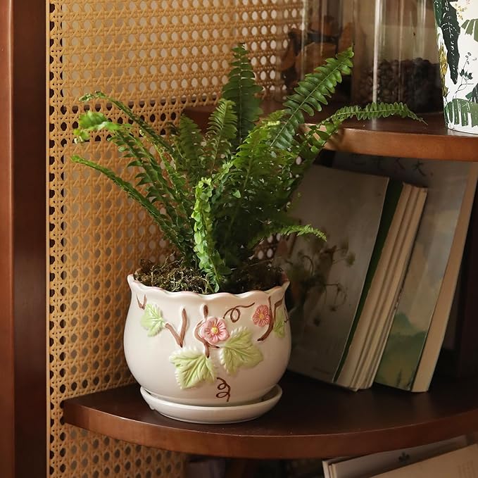 Ceramic Plant Pots with Drainage Holes and Saucers, Round Flower Pots for Indoor Plant, 3.9/5.2/6.7 Inches Small Flower Planters Set of 3