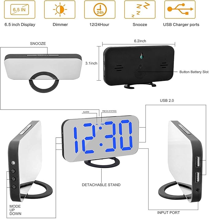 Digital Alarm Clock,Mirror Surface LED Electronic Clocks,with USB Charger,Snooze Model, Auto/Custom Brightness,for Office Table Bedroom Nightstand(Black-Blue)