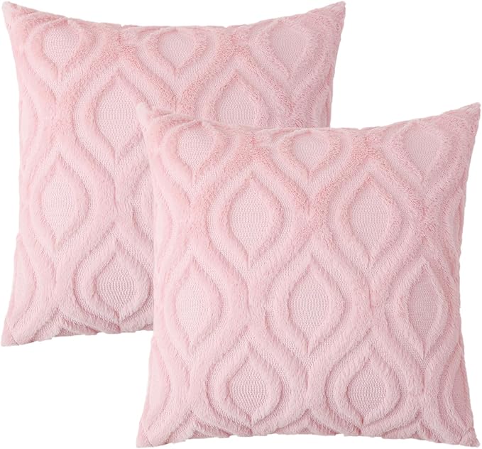 decorUhome Throw Pillow Covers 16x16 Inch Set of 2, Soft Plush Decorative Faux Fur Light Pink Solid Couch Pillow Covers, Accent Farmhouse Neutral Square Euro Pillow Cases for Sofa Bed Living Room