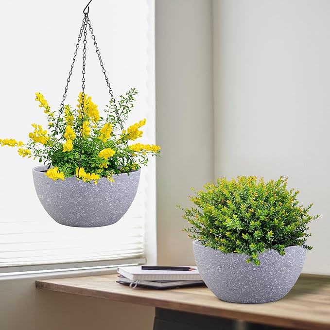 10 inch Hanging Planters for Indoor Outdoor Plants, 2 Pack Hanging Flower Pots with Drainage Holes and Chain for Garden Porch, Plastic Hanging Baskets for House Plants, Speckled Grey
