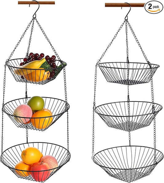 3-Tier Wire Fruit Hanging Basket 2 Packs,non-Punching Wall Hanging Storage,Kitchen Bathroom Organization Basket,Suitable for Bathroom,Kitchen,Closet,Garden,Black