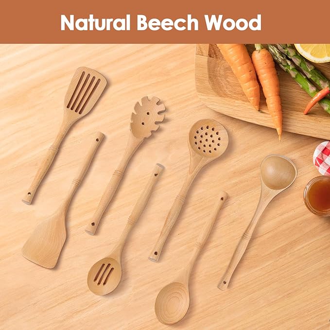 comfoyar Wooden Spoons for Cooking, 7 Pieces Kitchen Cooking Utenails Set with Spatula and Ladle, Heat Resistant Kitchen Cookware for Nonstick Pan-Beech