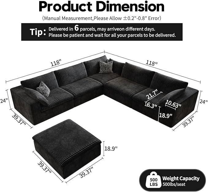 118" Cloud Couch Oversized Modular Sectional Sofa for Living Room,Modern Sofa with Deep Seat，6 Seater Boneless Couch,Comfy Upholstered Corduroy Couches for Apartment, Studio, Office,Bedroom，Black