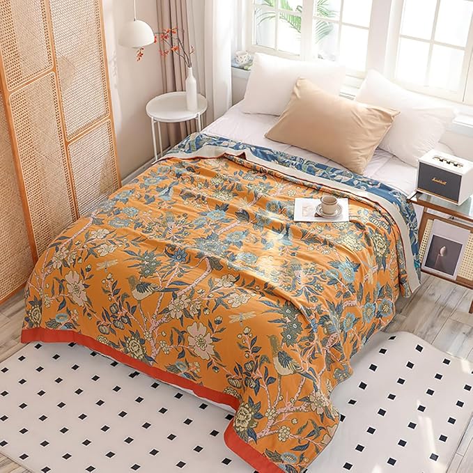 Boho Muslin Blanket for Adults 4-Layer Gauze Twin Size Soft Cozy 100% Cotton Summer Cooling Blanket Floral Decor for Sofa Bed Coverlet Both Sides (Flowr Branch Orange, Twin 60 x 80 in)