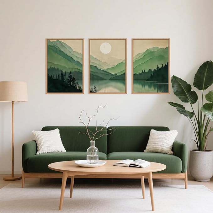 Celestdeco Watercolor Mountains Framed Canvas Wall Art Set, Boho Sun Forests Wall Decor, Green Scenery Wall Painting, Modern Woodland Artworks for Living Room, Bedroom, Dining Room, Office - 16"x24"x3