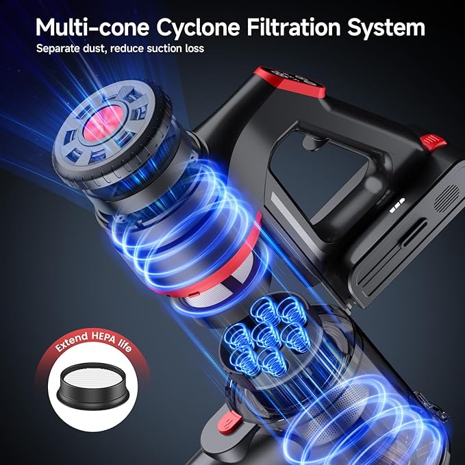 Cordless Vacuum Cleaner, 550W 45KPA Dual Motor Stick Vacuum for Home with 60mins Runtime, 6 LED Green Headlights, Self-Standing Design, V-Shaped Floor Brush for Carpet Tile Pet Hair Hardwood Floors