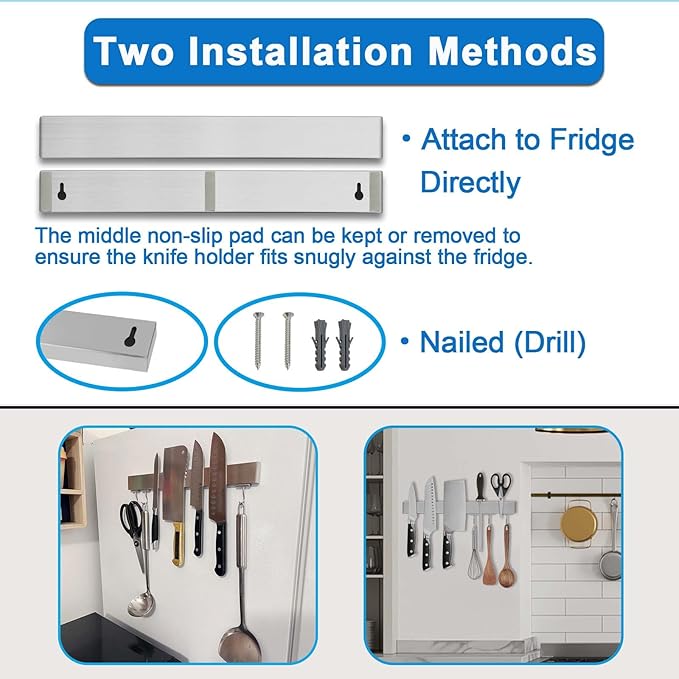 16 Inch Magnetic Knife Holder for Refrigerator - Knife Magnetic Strip for Fridge with Magnetic Hooks - Double Sided Magnetic Knife Bar - Stainless Steel Kitchen Magnetic Knife Hanger Rack