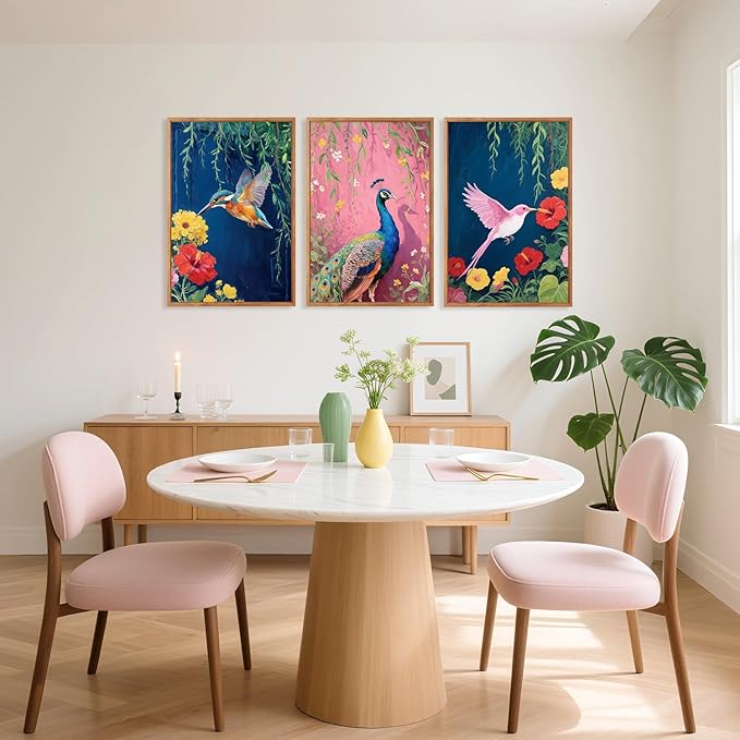 Aurlan Colorful Birds Flowers Framed Wall Art(16"x24"), 3PCS Large Classic Elegance Hummingbird Peacock Canvas Artwork, Vintage Abstract Watercolor Peony Floral Willow Decor for Home Office Bedroom
