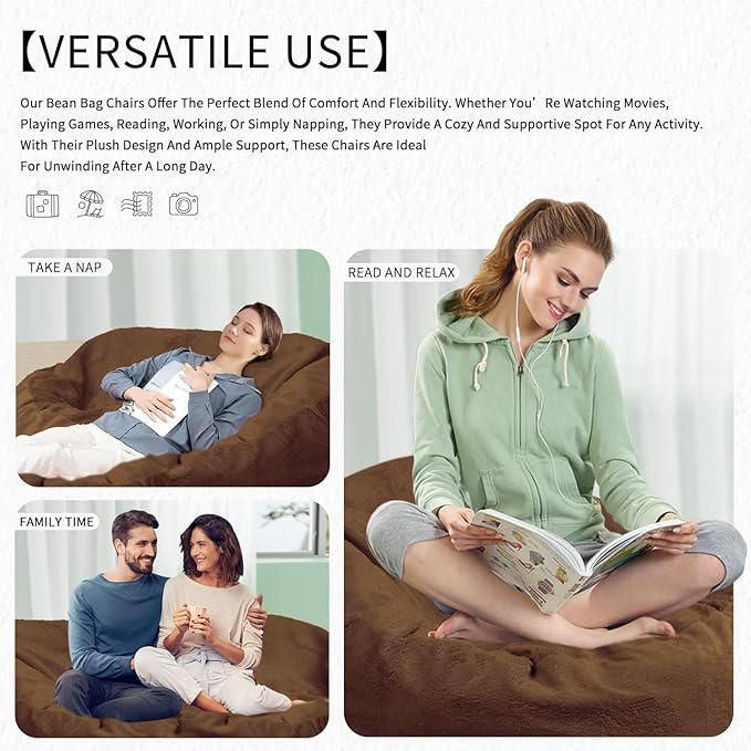 Bean Bag Chair for Adults 7FT,Soft Removable Cover for Teens/Girls Bedroom,Fluffy Giant Round Floor Beanbag Lounger Chairs (No Filler,Deep Coffee)