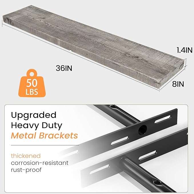 Fun Memories Floating Shelves for Wall Decor, 36"x8" Rustic Reclaimed Wood Shelves, Heavy-Duty Wall Mounted Shelves with Invisible Brackets, Set of 2for Living Room, Bedroom, Kitchen, Grey Finish