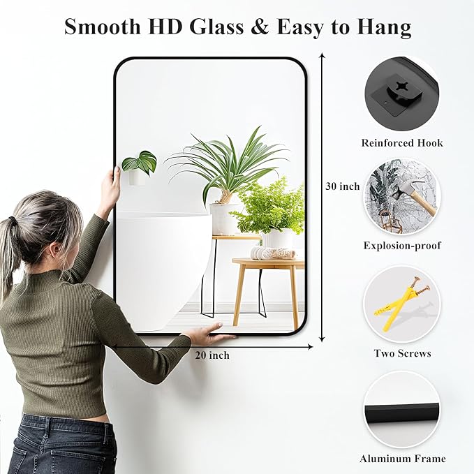 Fabuday Black Wall Mirror for Bathroom Over Sink - 20x30 Matte Metal Framed Rectangle Mirror, Rounded Rectangular Vanity Mirrors for Living Room, Bedroom, Entryway, Hallway, Horizontally/Vertically