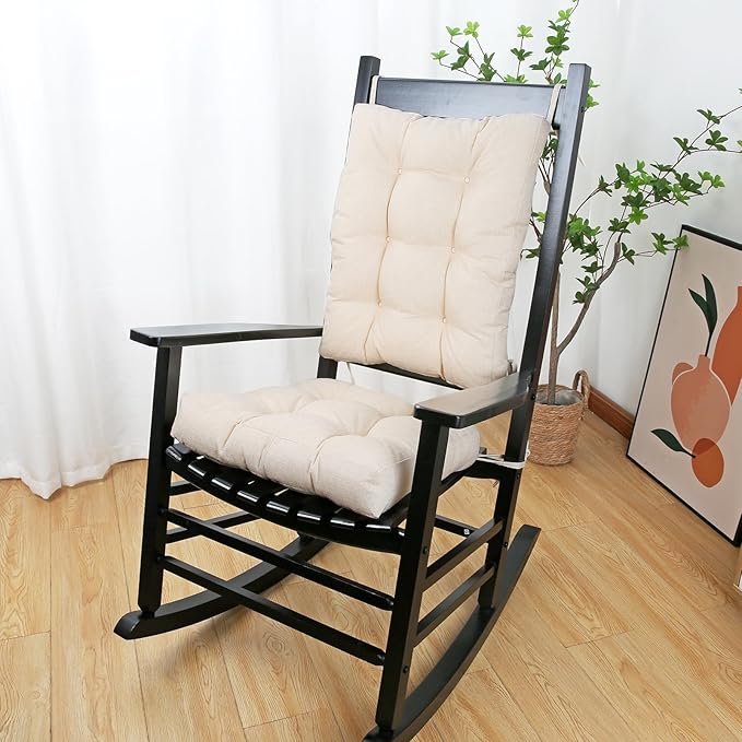 BUYUE Chair Cushion Set for Rocking Chair, Back Pillow & Seat Cushion with Ties, Original Woven Fabric Non-Slip Chair Pads for Elderly Sitting, Beige