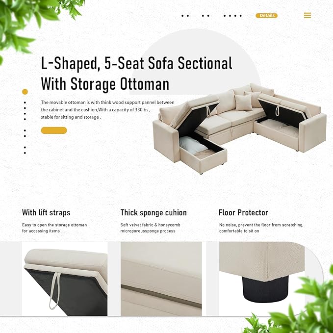 7 - Seater Sofa Bed, Large U - Shaped Modular Sectional Sofa, Oversized Pull - Out Sleeper with Storage for Living Room, Beige