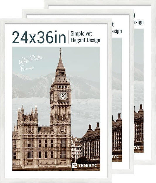 24x36 Poster Frame 3 Pack - White Woodgrain, Solid Wood Picture Frame, Wall Gallery Frame - Wall Hanging