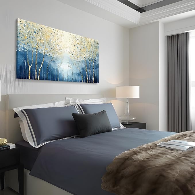 amatop Large Abstract Wall Art for Living Room Modern Tree of Life Canvas Art Print Nature-Inspired Navy Blue Wall Decor Landcape Artwork Birch Forest Picture Bedroom Office Dining Entryway 48x24 Inch