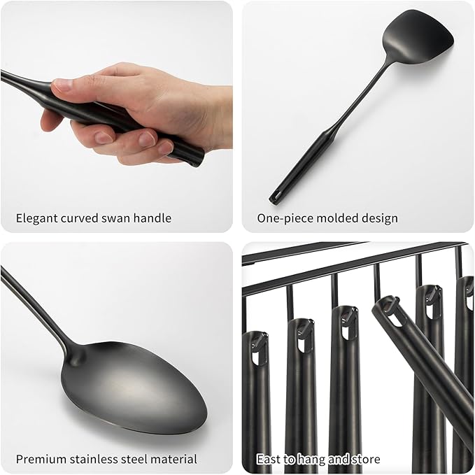 304 Stainlss Steel Matte Kitchen Utensils Set, 11 Pcs Long Metal Cooking Utensil Gadgets Tools Set with Spatula, Ladle, Spoon, Ladle, Skimmer, Tunner, Pasta Server, Tongs(Black, Dishwasher Safe)