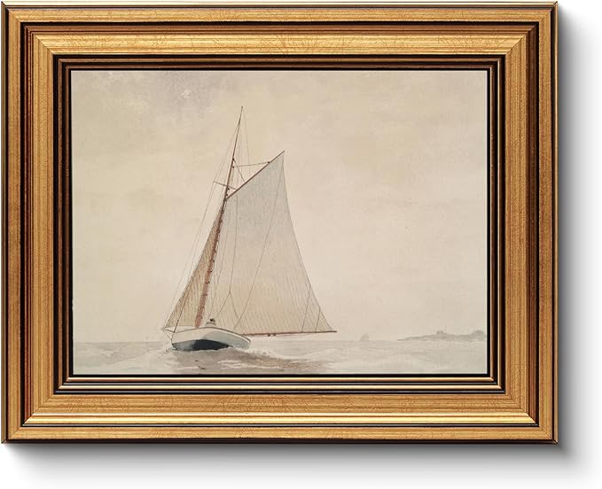 Gold Framed Vintage Wall Art for Living Room, Seaview Painting Prints Shelf Decor for Kitchen, Aesthetic Bedroom Wall Art, Christmas Gifts for Friends or Family (White Sailboat - 8"x10")