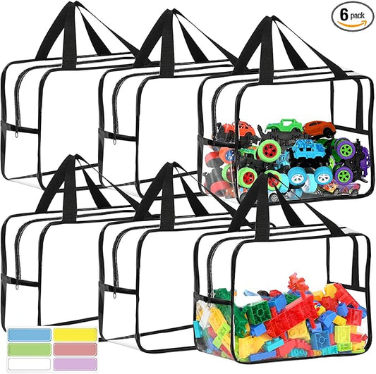 6 Packs Widen X-Large Toy Storage Bags 12.6×9.25×6.9In with Labels, Reusable Clear PVC Board Game Storage, Travel Waterproof Organizer Bags with Zipper for Building Blocks, Puzzle, Stuffed Animals