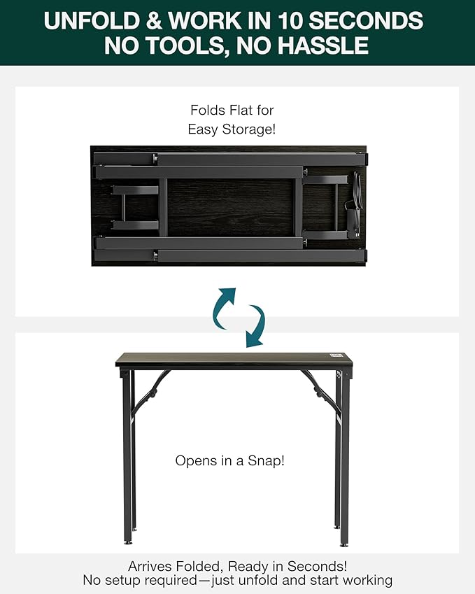 Frylr Small Folding Computer Desk – 35.8 Inch Portable Table for Craft and Study, Lightweight Desk for Small Spaces, Foldable Laptop Table Built-in AC/USB Outlets for Convenience, Dark Oak