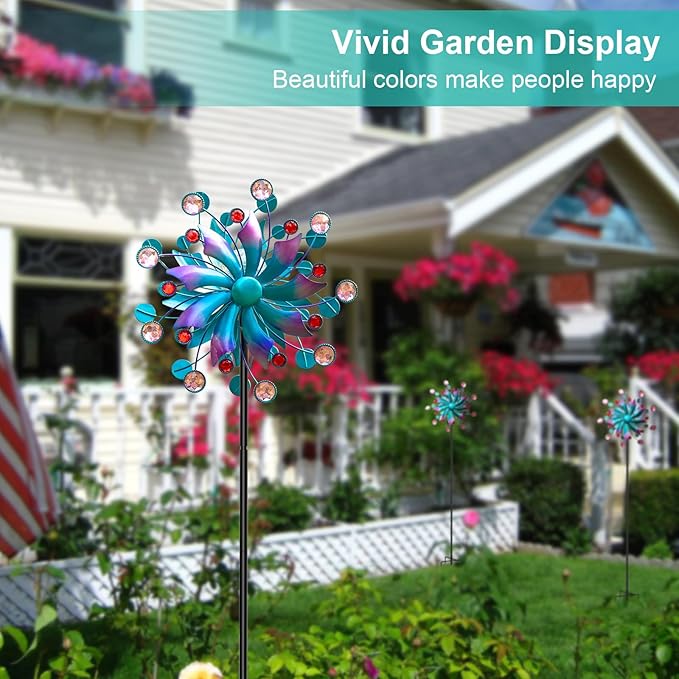 360°Solar Wind Spinner with Lights Blue Metal Garden Outdoor Decor Yard Lawn Art Decor for Patio Kinetic Windmills Unique Gifts for Friends and Family 60.63'' H x 13.38'' Dia