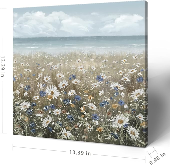 Canvas Wall Art Beach Floral Wall Picture Coastal Boho Farmhouse Daisy Flowers Nautical Sea Ocean Wildflowers Canvas Print Vintage Artwork for Small Rustic Bathroom Bedroom Living Room Office Décor