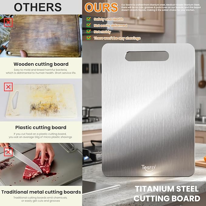 3 Pack Titanium Cutting Board - 100% Pure Titanium Cutting Boards For Kitche,Easy to clean, Double-sided food-grade Cutting Board For Meats, Fruits And Vegetables (M+L+XL)