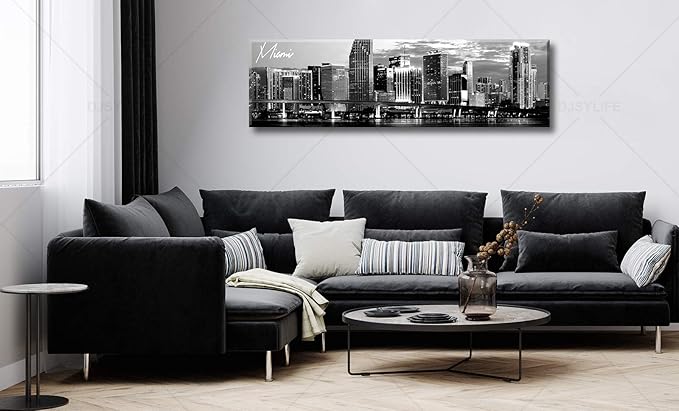 DJSYLIFE Miami Skyline Wall Art Decor Panoramic Cityscape Picture Modern USA City Night View Canvas Prints for Bedroom Office Living Room Decoration Stretched and Framed Ready to Hang 13.8"x47.3"