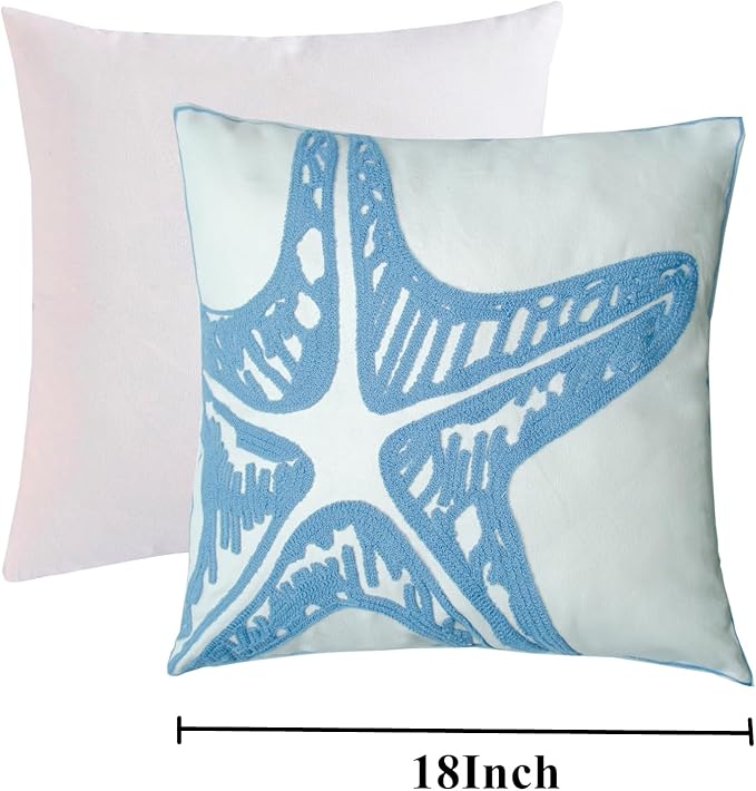 Embroidered Decorative Throw Pillow Cover, 18"x18" Set of 2, Farmhouse Pillowcase Blue Sea Star Knit Pattern Cotton Canvas Cushion Case Square Floral Pillow Case for Sofa Couch Bed Living Room