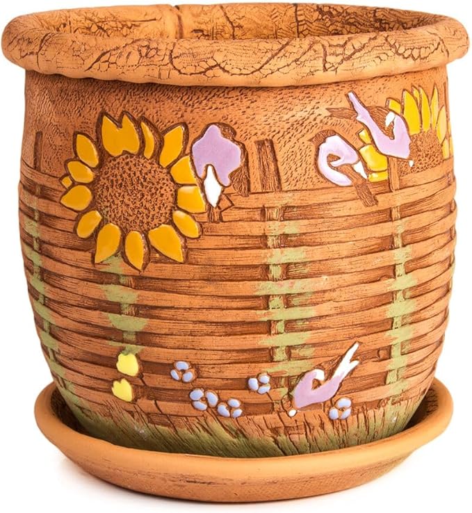 Ceramic Pot with Drainage Hole and Saucer, Plant Pots, Modern Decorative Planters for House Plants Indoor Flowers Plants, Cute Flower Pot - Gifts (Wicker (1.6 L))