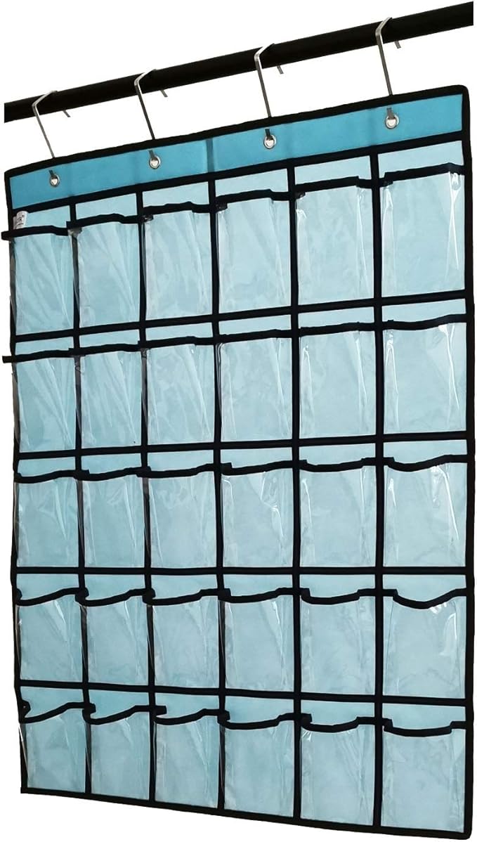Classroom Pocket Chart for Phone Calculator Holder Over The Door Hanging Closet Jewelry Organizer with 30 Clear Pockets (Blue)