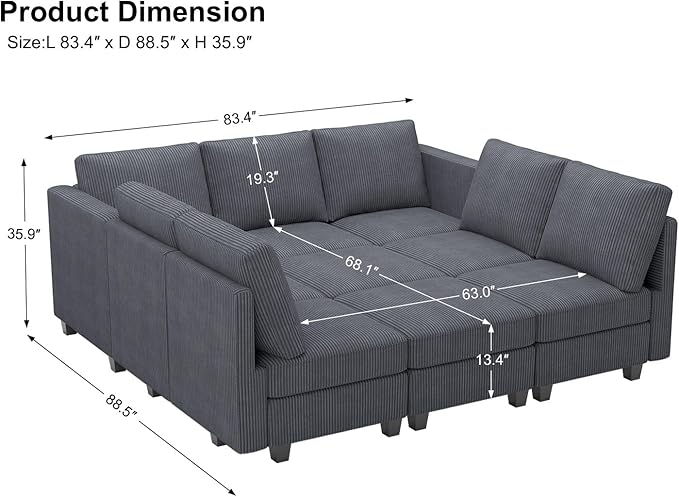 Belffin Corduroy Modular Sectional Sofa 9 Seat Convertible Sectional Sleeper Sofa Bed with Storage Ottomans Modular Sectional Couch Bed for Living Room Dark Grey