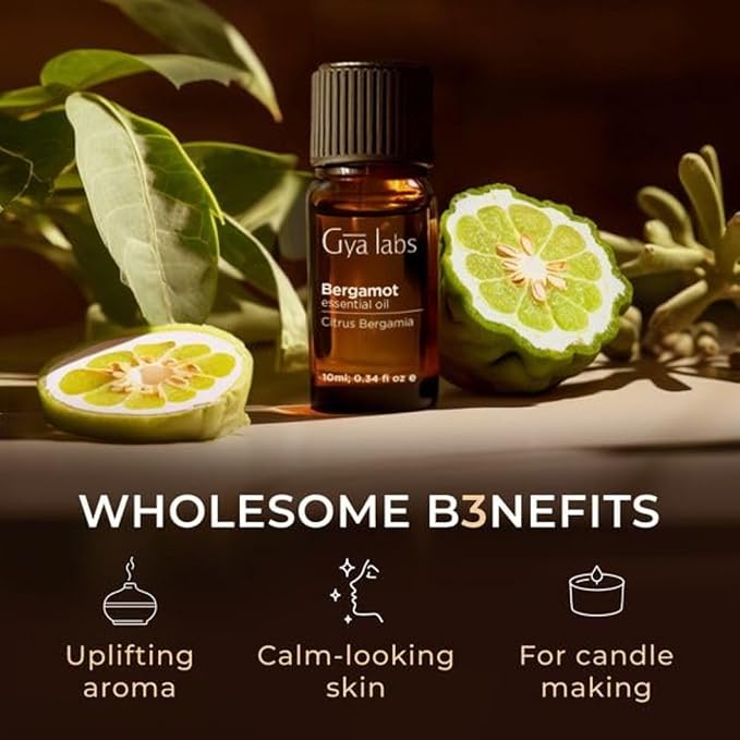 Gya Labs Bergamot Essential Oil - 0.34 Fl Oz - 100% Pure and Natural Bergamot Aromatherapy Essential Oil Uplifts Mood for Emotional Balance, Soothes Skin, Diffuser & Candle Making Scent