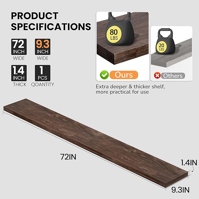 Fun Memories Floating Shelves for Wall, 72"x9.3" Rustic Solid Elm Wood Wall Shelves, Heavy-Duty Wall Mounted Shelves with Invisible Brackets, Set of 2 for Living Room, Bedroom, Kitchen, Walnut Finish