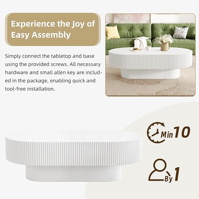 43.3" Oval Fluted Coffee Table Modern Elegant Drum End Table, Minimalist Center Table 7.8" Thick Tabletop with Sturdy Base for Living Room, Bedroom, Apartment,Easy Assembly, White