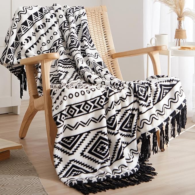 CASAAGUSTO Boho Throw Blanket - Black and White Decorative Blankets with Tassel, Printed Flannel Bohemian Blanket for Chair, Bed, Sofa, Couch(50 * 60, Black and White)