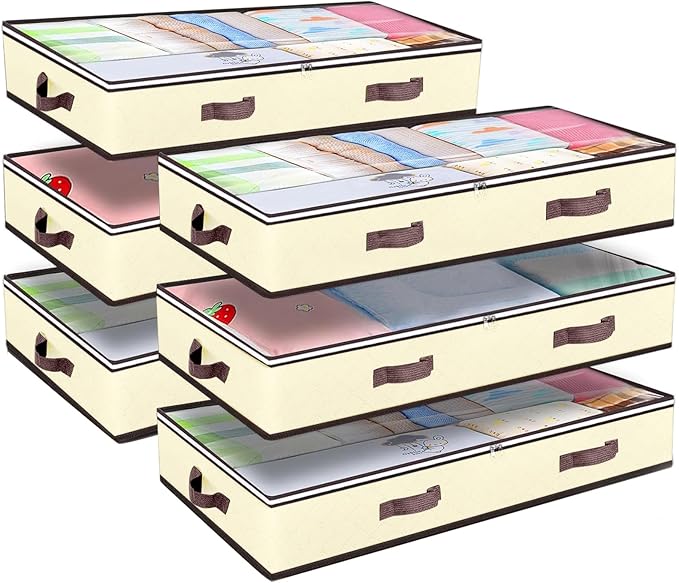 Budding Joy 6 Pack 90L Under bed Storage Containers Organizer Large Capacity Underbed Clothes Storage Bins Organization and Storage Bedroom Foldable Storage Bags with Clear Window Beige