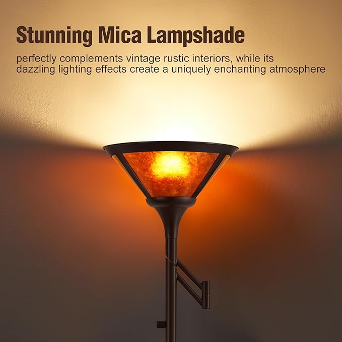Floor Lamps for Living Room - 70" Brown Torchiere Standing Floor Lamp with Adjustable Swing Arm - Tall Corner Lamp Decor for Bedroom with Mica Shade LED Reading Light for Home Office