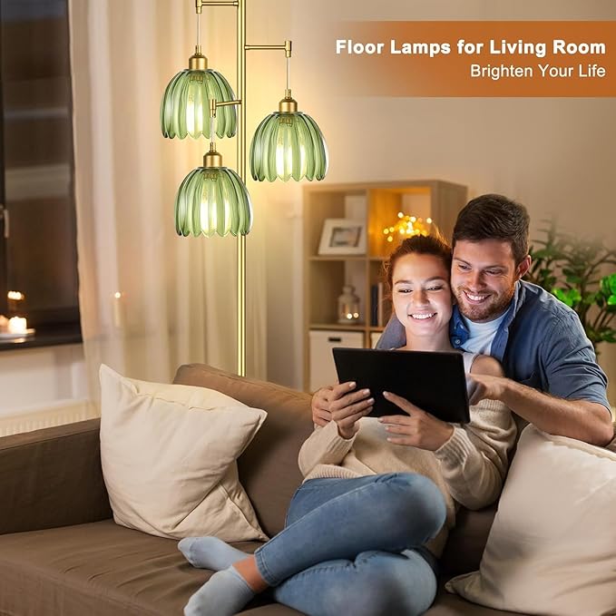 Gold Floor Lamp for Living Room,Bedroom,Mid Century Modern Standing Lamp Brass Tree 3 Light Tall Floor Lamps Vintage Retro Floor Lights Glass Green Flower Lamp Shade Farmhouse Boho Bohemian