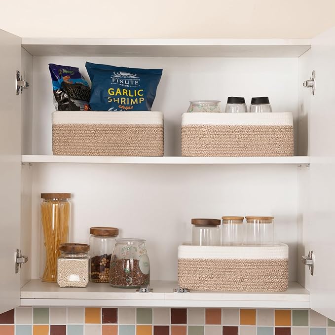 3 Pack Small Storage Baskets for Organizing, Cute Woven Decorative Gift Baskets for Shelves, Mini Closet Organizer Bins with Handles, 11.81''Lx7.87''Wx4.72''H-Brown and White