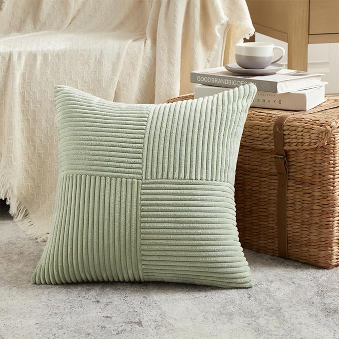 Fancy Homi 2 Packs Sage Green Decorative Throw Pillow Covers 16x16 Inch for Living Room Couch Bed, Rustic Farmhouse Boho Home Decor, Soft Corss Patchwork Corduroy Textured Square Cushion Case 40x40 cm